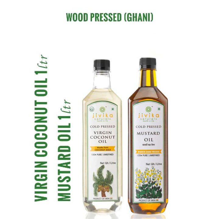 virgin coconut oil and mustard oil bottles